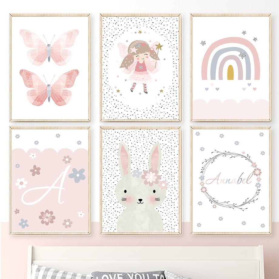 Cute Girl Rabbit Flower Butterfly Rainbow Wall Art Canvas Painting Nursery Posters And Prints Wall Pictures Baby Kids Room Decor