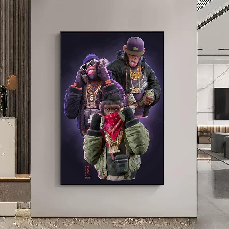 Хип-хоп Три обезьяны печать плакатов деньги холст картина современное настенное искусство животное висит картина украшение дома