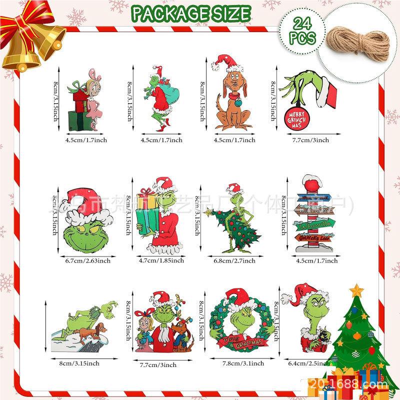 24 Pack Christmas Grinch Wooden Ornaments, Grinch Christmas Tree Decorations, Xmas Party Supplies, Funny Holiday Home Decor