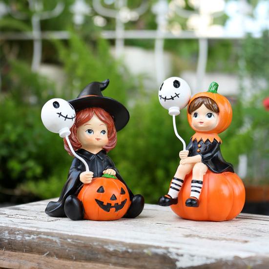 2Pcs Pumpkin Witch Figurines Witch Holding Skull Balloon Ornament Cartoon Witch Statues for Halloween Miniature Scene Props