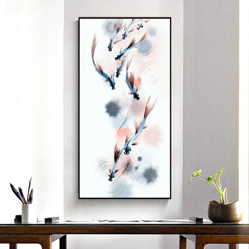 Абстрактная картина в китайском стиле с рыбой кои и лотосом, холст с принтом, плакат, фэн-шуй, настенная художественная картина для гостиной, домашнего офиса, декор