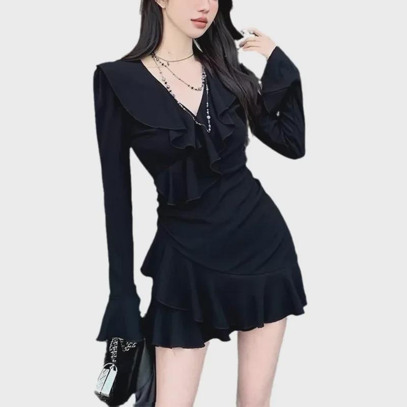 Платье А-силуэта с оборками и V-образным вырезом для женщин — облегающее, облегающее талию, новый стиль осень/зима