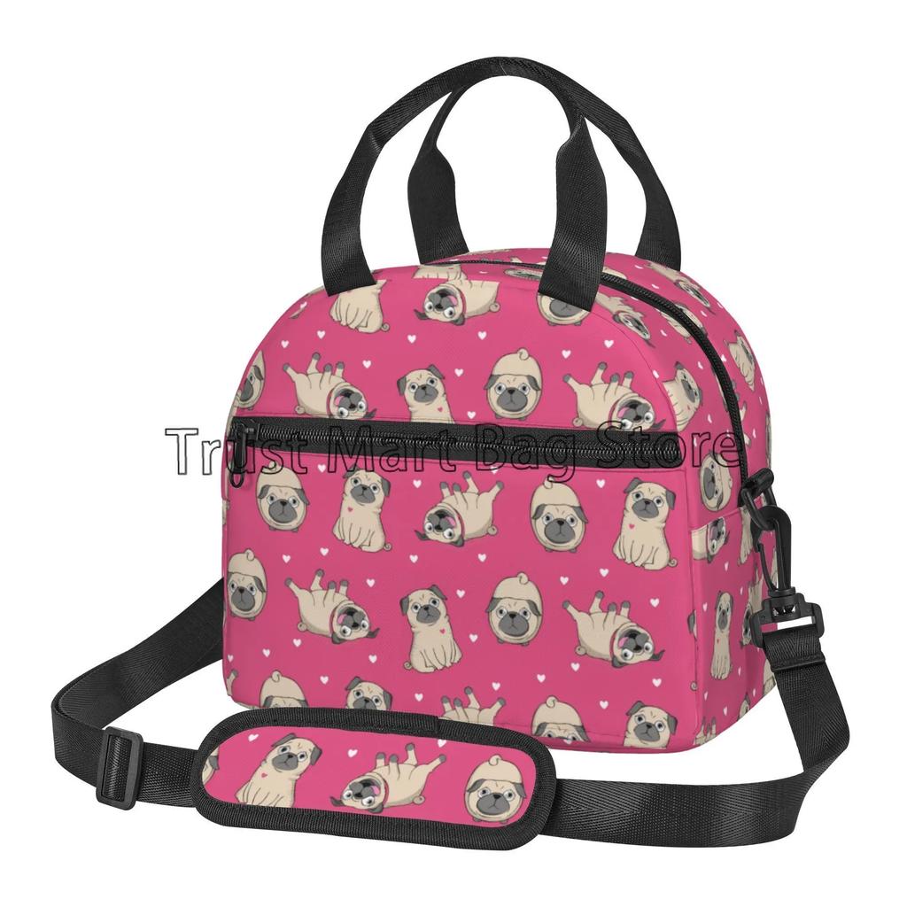 Cute Pug Dog Insulated Lunch Bag for Women Kids Thermal Lunch Box Portable Cooler Tote Bags for School Work Picnic Beach Travel