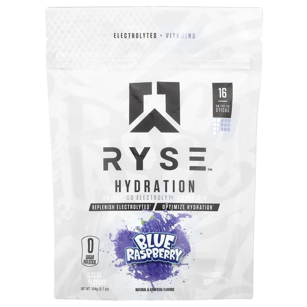 RYSE Hydration, Portable Electrolyte Drink Mix, Blue Raspberry, 16 Sticks, 0.23 Oz (6.5 G) Each