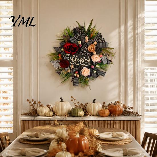 Thanksgiving Wall Hanging Fall Leopard Print Wreath for Front Door, Artificial Floral with All Season Decor Blessed Sign, Faux Peony Flower