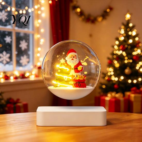 Winter Wonderland Table Ornament Magnetic Levitating Santa Claus Tree with LED Light, Lighted Rotating Floating Modern Christmas Gadget for Desk Glass