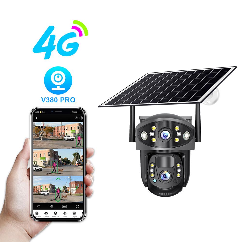 Солнечная камера безопасности с двойным объективом, уличный монитор 4G/WiFi с ночным видением, перезаряжаемая система видеонаблюдения PIR HD