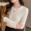 Женская одежда весна осень корейская мода элегантный кружевной ажурный базовый топ женский однотонный O-образный вырез длинный рукав тонкий пуловер топы