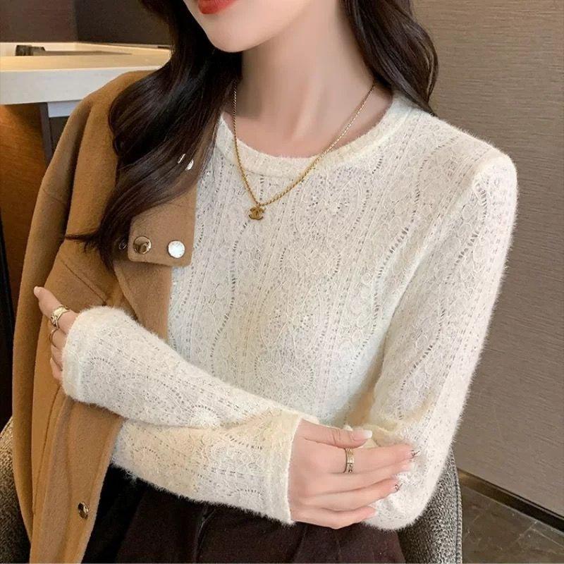Женская одежда весна осень корейская мода элегантный кружевной ажурный базовый топ женский однотонный O-образный вырез длинный рукав тонкий пуловер топы