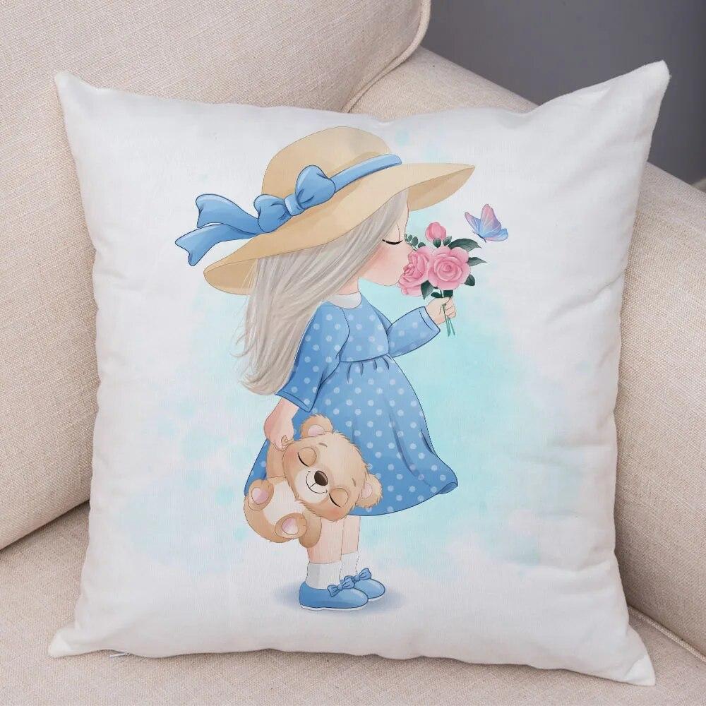 Children's Room Sofa Home Pillowcase Cute Cartoon Girl and Cat  Decoration  Animal Cushion Cover