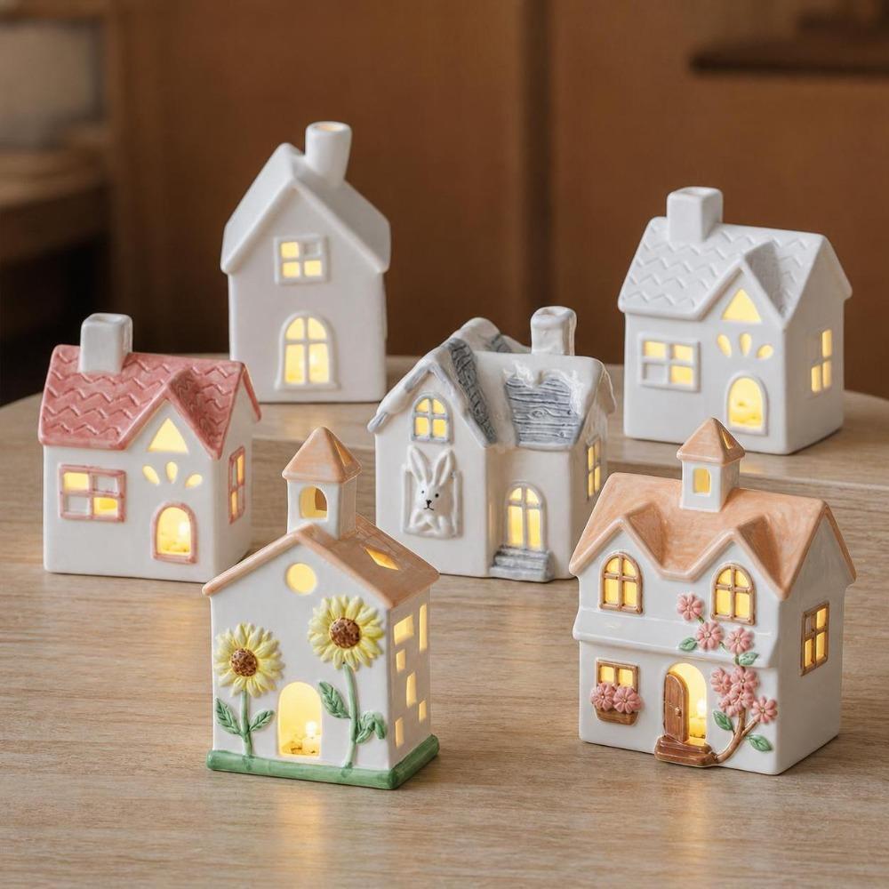 Warm Glow Village House Lamp LED Ceramic Desktop Ornament Cozy Christmas Night Light Home Desktop