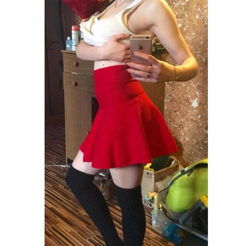 Women High Waist Knitting Woolen Skirt Ladies Slim Elastic Pleated Flared Skirts