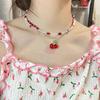 Y2K Red Cherry Heart Beaded Choker Necklace Women Boho Beads Cherry Pendant Necklaces Vintage Irregular Necklace Jewelry
