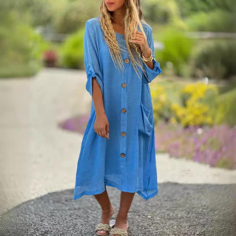 Женское повседневное свободное хлопковое льняное платье с карманом, рукавом 7 дюймов, на пуговицах, длинное платье для женщин, повседневные платья