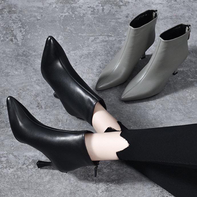 Женские ботильоны на шпильке с острым носком, модные короткие ботинки, осенние новые ботинки с открытой щиколоткой, из коровьей кожи первого слоя, с задней молнией, женские кожаные ботинки