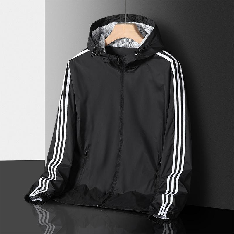 Men's Casual Sports Windbreaker for Spring and Autumn, Thin Design with Three Stripes, Loose Fit, Plus Size Hooded Jacket, Cardigan Jacket