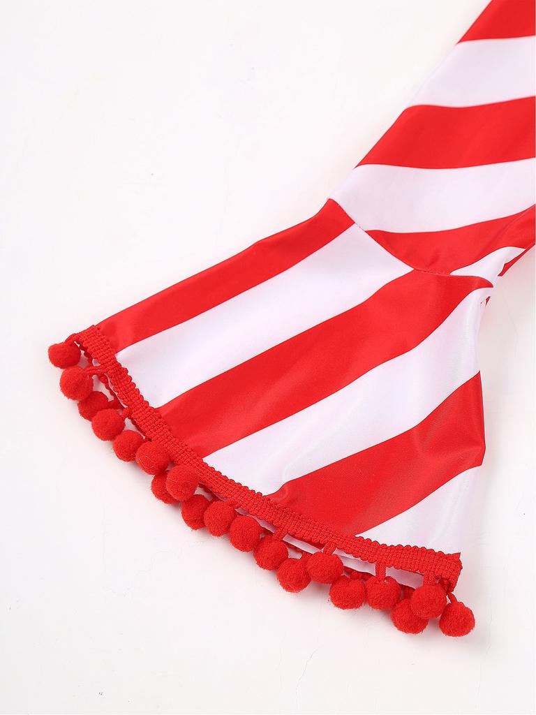 Womens Christmas Jumpsuit One Shoulder Flared Sleeve Shiny Sequin Pompom Trim Unitard One Piece Bodysuit