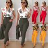 Elegant Women Two Piece Set Suits Fashion Printed Ruffle Sleeve Top Solid Color Pants Set with Belt Blouses Female Clothing
