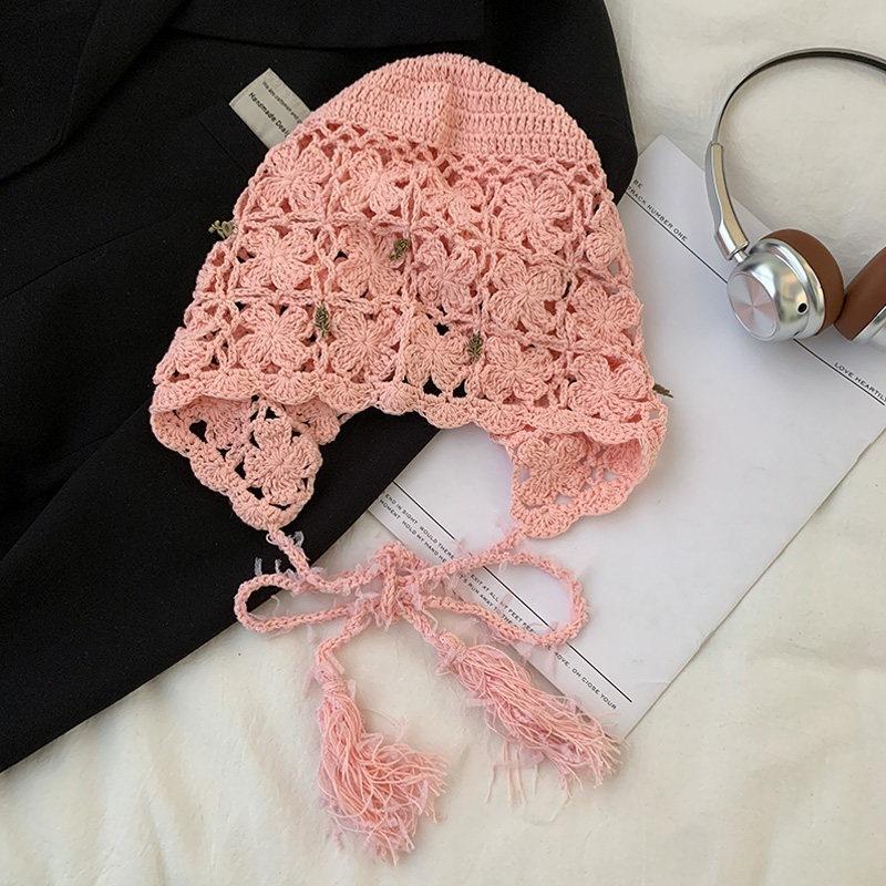 Spring And Summer New Products, Hand-Crocheted Hollow Flower Headgear, Women'S Ethnic Style Fringed Knitted Pullover Hat