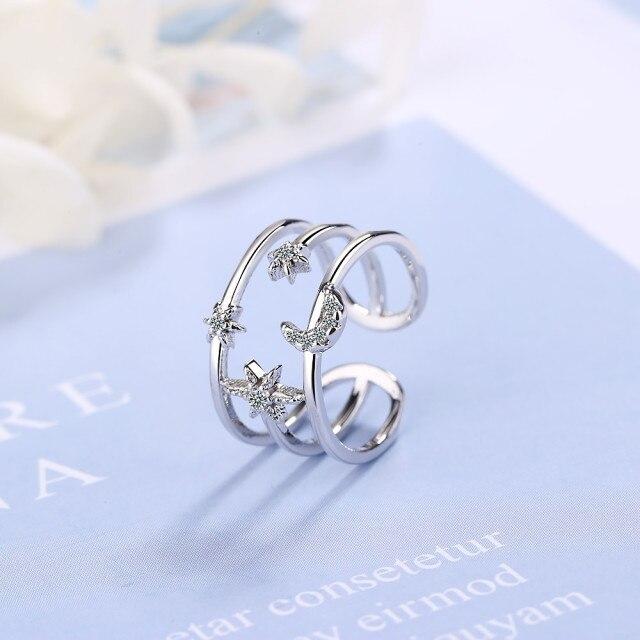 100 %Real Pure 925 Sterling Silver Crystal Moon Star Double Layer Rings For Women Ladies Statement Jewelry Wedding Finger Ring