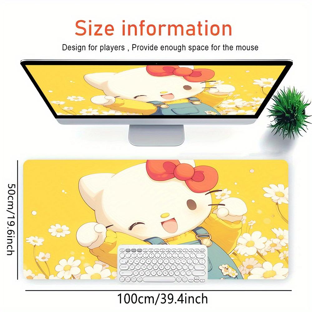 1pc Large Gaming Mouse Pad, UV Reactive Non-Slip Desk Mat, Washable Polyester Hello Kitty Flowers Yellow BackgroundComputer Pad with Vibrant