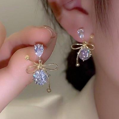 Серьги-пусеты из серебра S925 с цирконом в корейском стиле в виде бантика для женщин