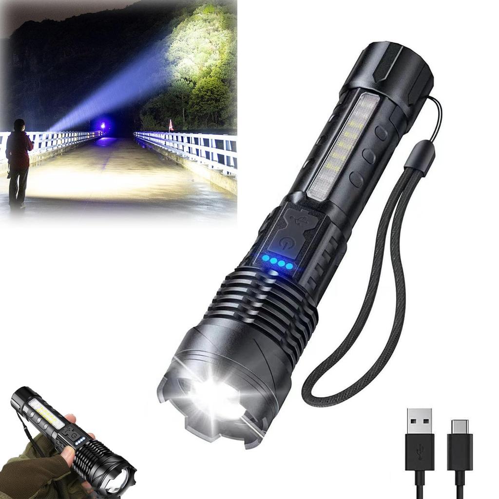 White Telescopic Zoom Strong Light Flashlight For Home And Outdoor Long-range Red And Blue Side Lights LED Flashlight