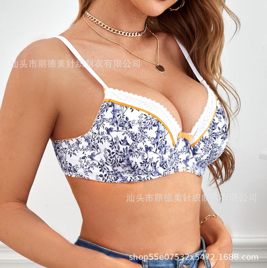 European and American women's sexy underwear bra spot lace edge printed bra adjustable steel rim thin cup bra