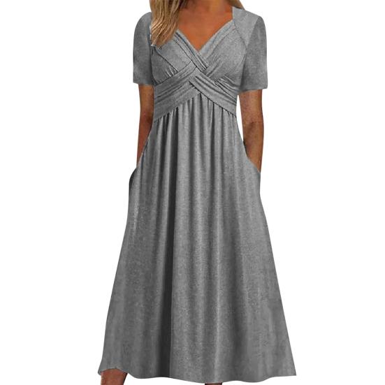 Женское летнее платье с плиссированным ремешком и V-образным вырезом с короткими рукавами, однотонное платье с карманами трапециевидной формы со свободным подолом, дышащее мягкое платье миди для свиданий