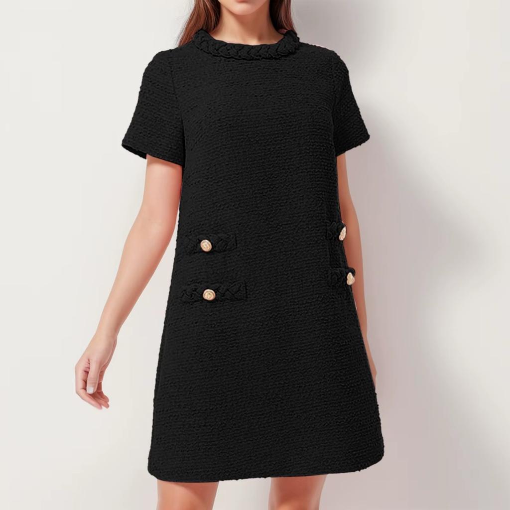 Women Sweet French Style Short Dresses Elegant Tweed Solid Color Button Up Pullover Midi Dress Office Lady Short Formal Dresses