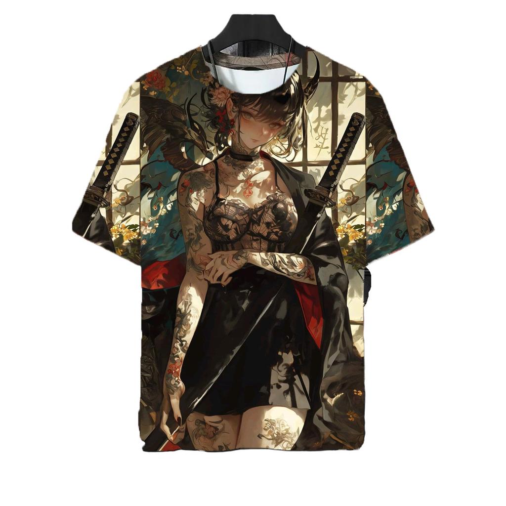Japanese Warrior Katana Girl Tattoo T-shirt Sexy and Beautiful 3D Printed Top Summer Men Harajuku Round Neck Short Sleeved Clothing