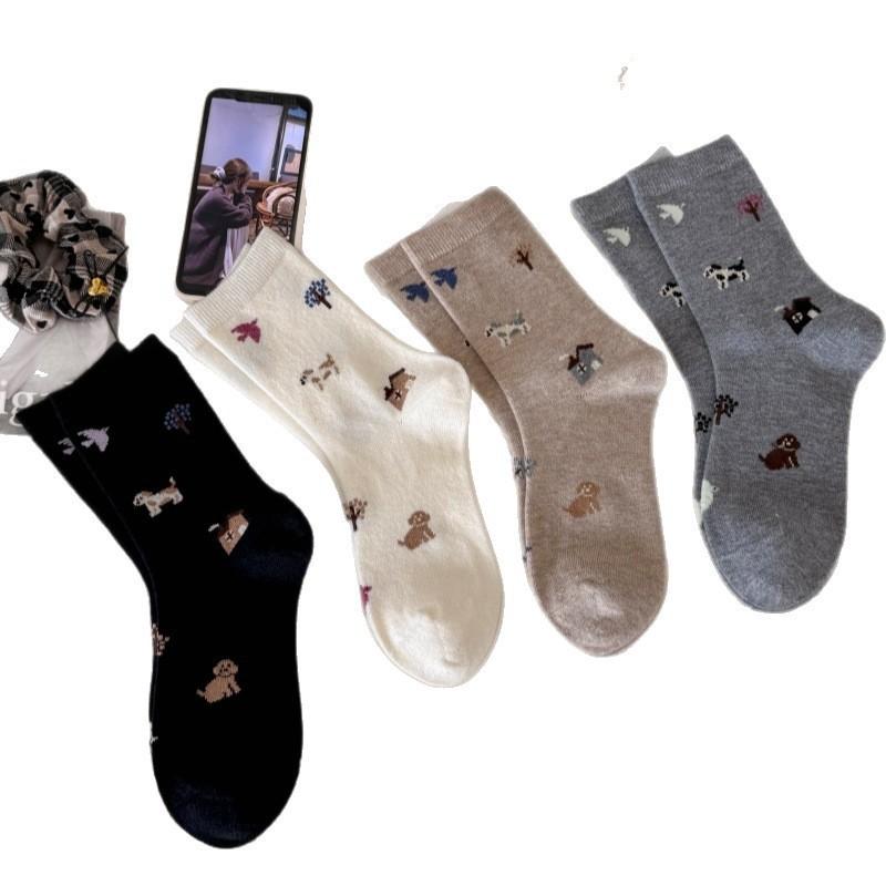 Puppy Cute Kids Grey Cartoon Animal Mid Socks Thickened Wool Socks Warm Pile Socks