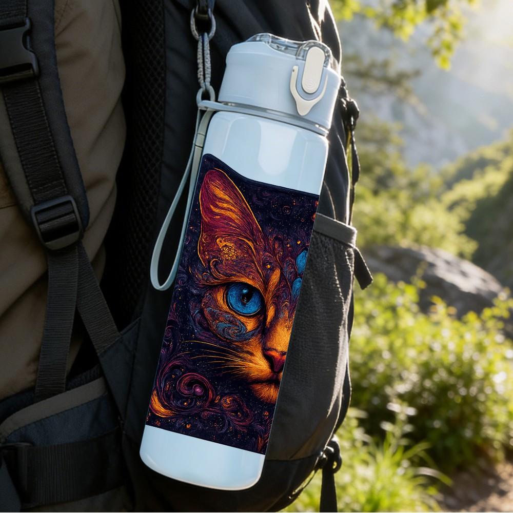 1PC Mystic Colorful Cat Face 750ml Color Plastic Sports Water Bottle Leakproof Flip Straw Lid Suitable for Sports Office Home Use