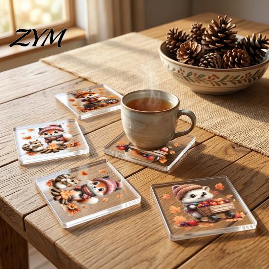 Holiday Gift Souvenirs for Coffee Lovers 4Pcs Maple Leaf Squirrel Acrylic Coaster, 2D Double Sided Reversible Cup Mat Heat Resistant Table Mats