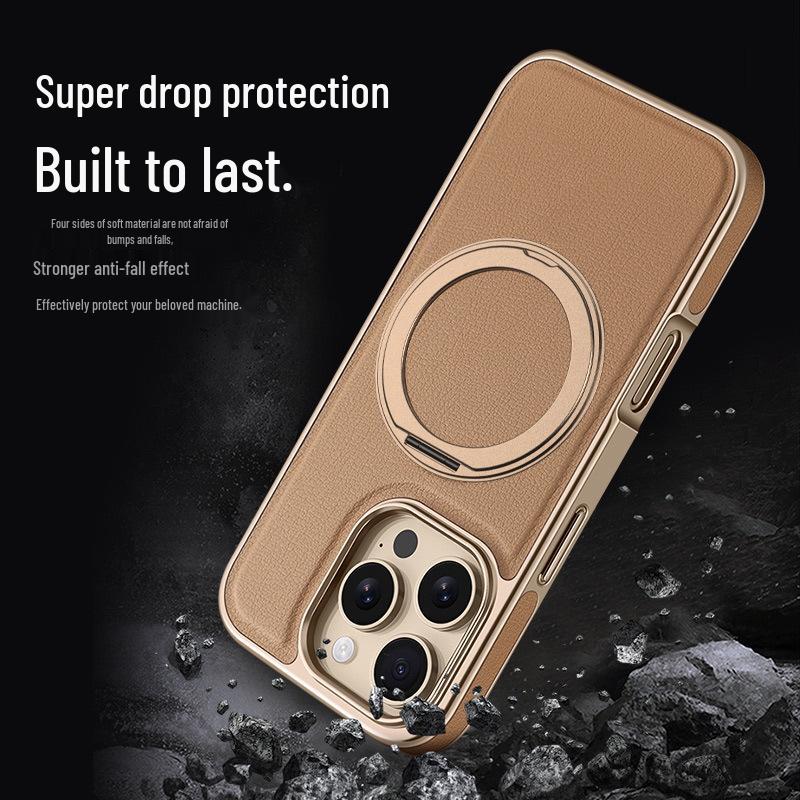 Совместимо с iPhone 16/17 Pro Max: Чехол для телефона с кожаным магнитным вращающимся кронштейном, матовый, гальванизированный, противоударный дизайн.