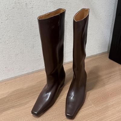 Осень и зима новые ретро квадратный носок прямые универсальные рыцарские сапоги показывают ноги прямыми, но сапоги до колена женские