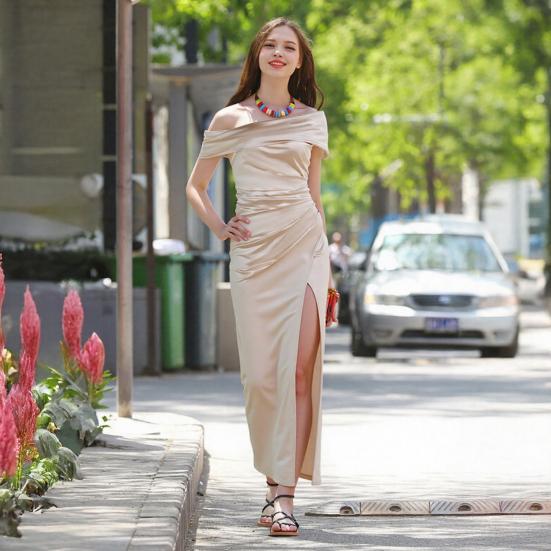 Prom Dress for Women Off Shoulder Satin Evening Party Formal Gown High Slit Cocktail Wedding Guest Maxi Dress