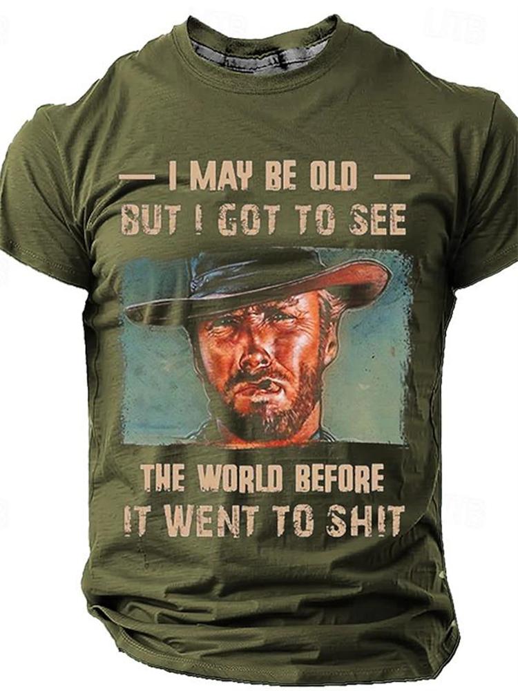 Men Vintage Cowboy 3D Print T-Shirt, Loose Fit Outdoor Streetwear Short Sleeve Top