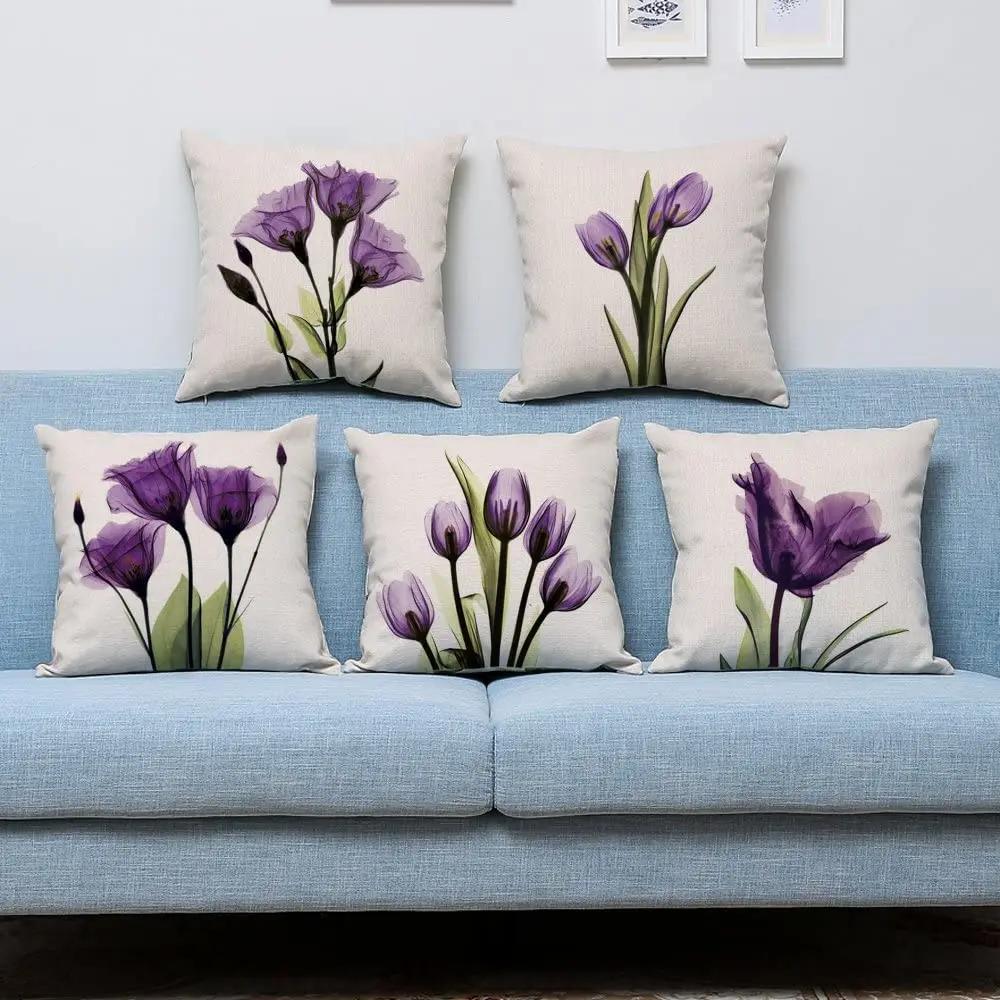Элегантный тюльпан фиолетовый цветок льняной наволочки для дивана художественная роспись для гостиной наволочка для подушки современный домашний декор
