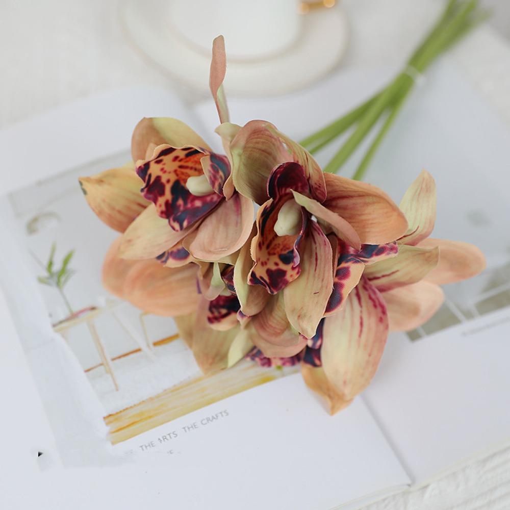 6pcs Realistic Artificial Cymbidium Flowers Real Touch Fake Flower  Outdoor Garden Decor