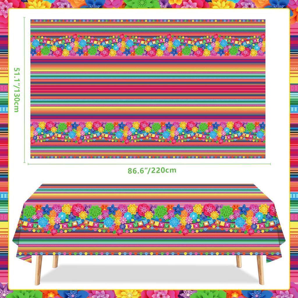 4 Pcs Mexican Fiesta Tablecloth Cinco De Mayo Plastic Table Cover Mexico Colorful Striped Paper Flower Table Cloth Mexican Holiday Theme Rectangle