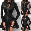Fashion Women Lace Long Sleeve Zipper Pocket Large Hem Faux Leather Mini Dress