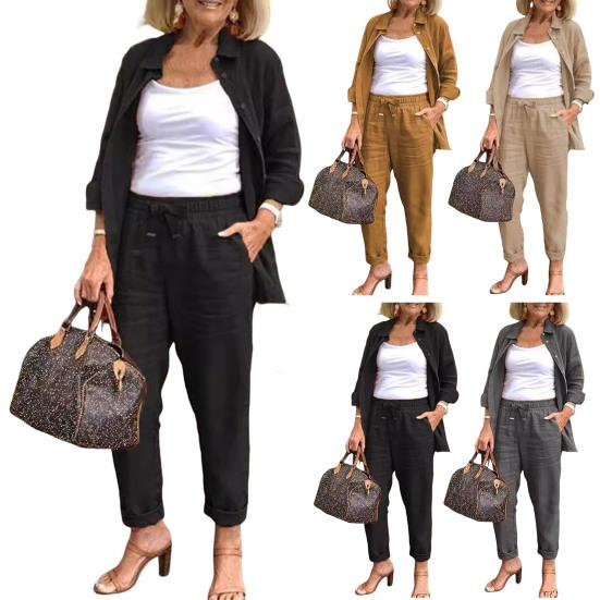 2 Pcs/Set Women Shirt Pants Set Loose Lapel Single-breasted Mid Length Long Sleeve Blouse High Elastic Waist Wide Leg Trousers Daily Wear Clothes