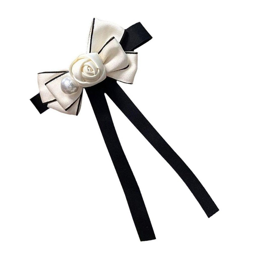 Women Girls Vintage Camellia Pearls Ribbon Bows Tie Brooch Pin Elegant Preppy Uniform Pre Tied Bowknot Corsage Necktie