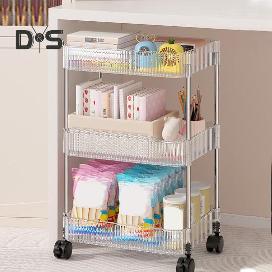 Movable Shelf with Wheels Multi-tiers Storage Rack Rolling Cart Transparent Basket Organizer Trolley for Snacks Cosmetics Bathroom