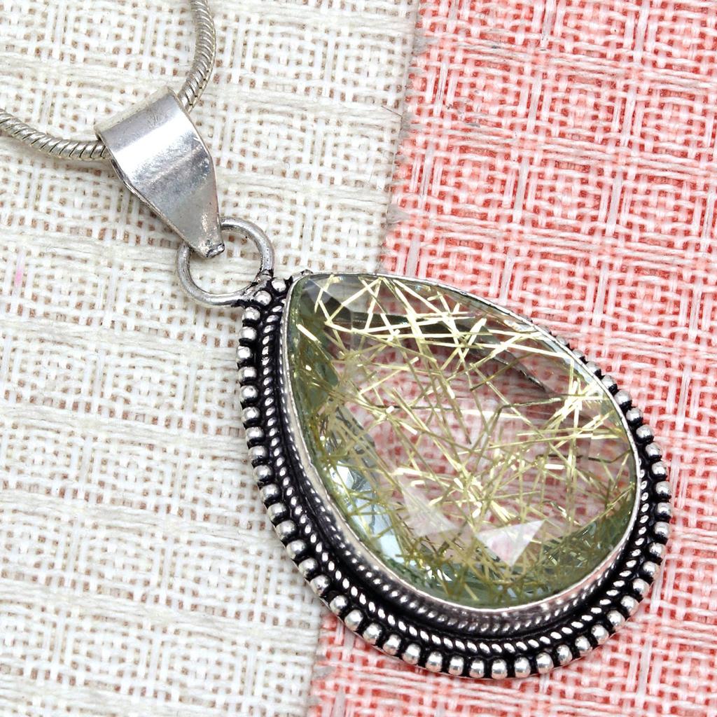 Rutile Golden Set Earring Jewelry 18-20'' Pendant Quartz Sterling