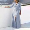 Womens Stripe Print Spring Summer 3/4 Sleeve Turn-down Collar Long Shirt Dresses