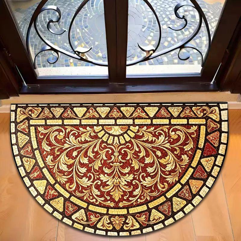 retro colored glass mosaic flower leaf semi-circular door mat, anti slip carpet, artistic floor mat, home decoration