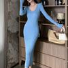 Autumn and Winter New Slim Fit Base Knitted Sexy Dress Women Elegant Mid Length V-neck Sweater Dress Women Solid High Waist Casual Party Dresses 25956