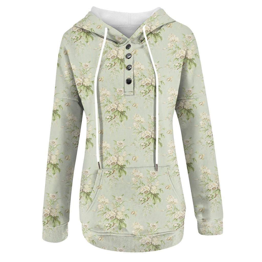 Women's Fashion Slim Fit Long Sleeve Floral Print Hooded Sweatshirt Top
